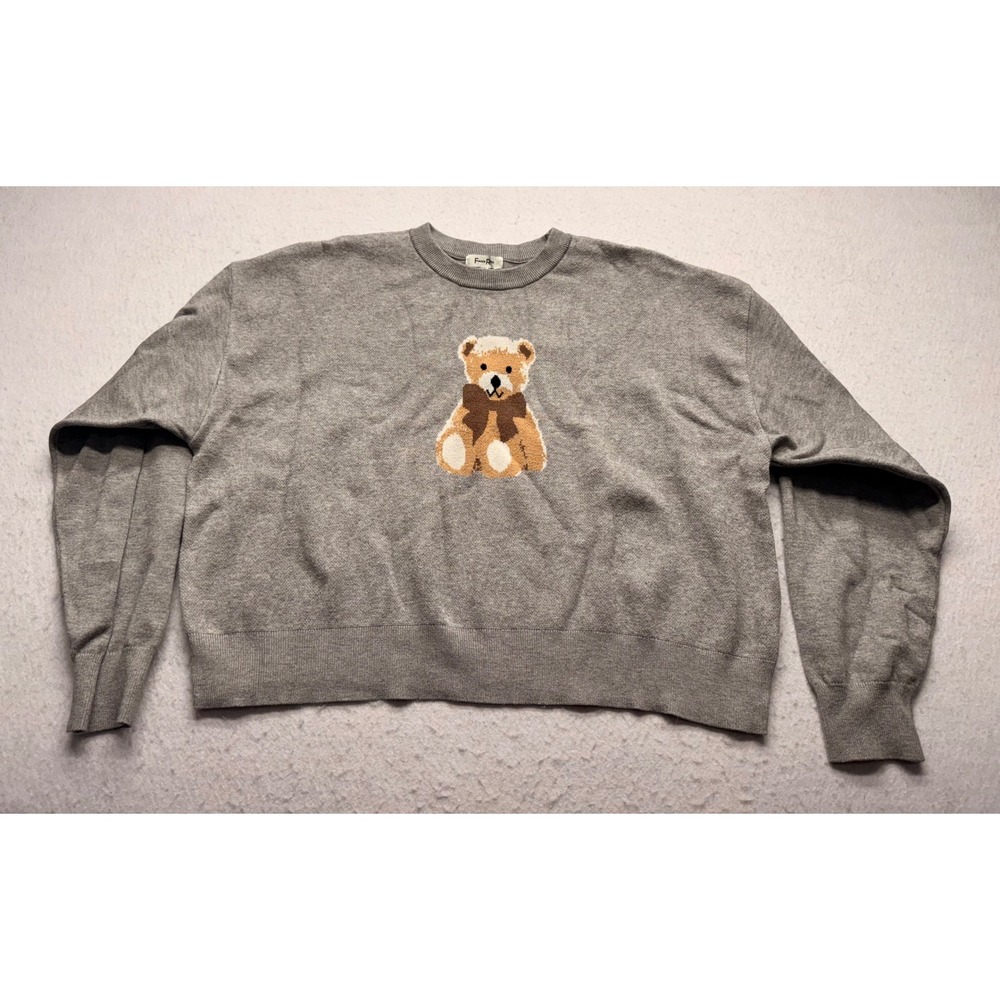 Faded Rose Gray Teddy Bear Intarsia Knit Crewneck Sweater XL Relaxed Fit